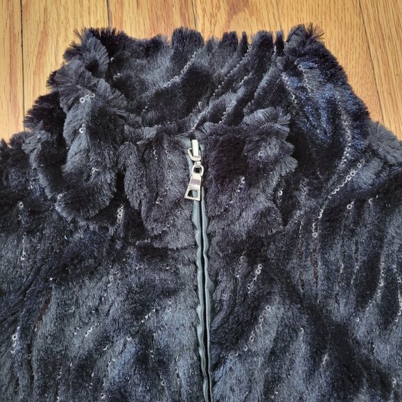 Betsey Johnson M Black Faux Fur Vest Sequins Pockets Leopard Print Zip Up‎ - Picture 6 of 6